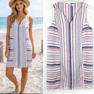 Artisan NY 100% Linen Shift Dress Red White Blue Striped American Small Coastal